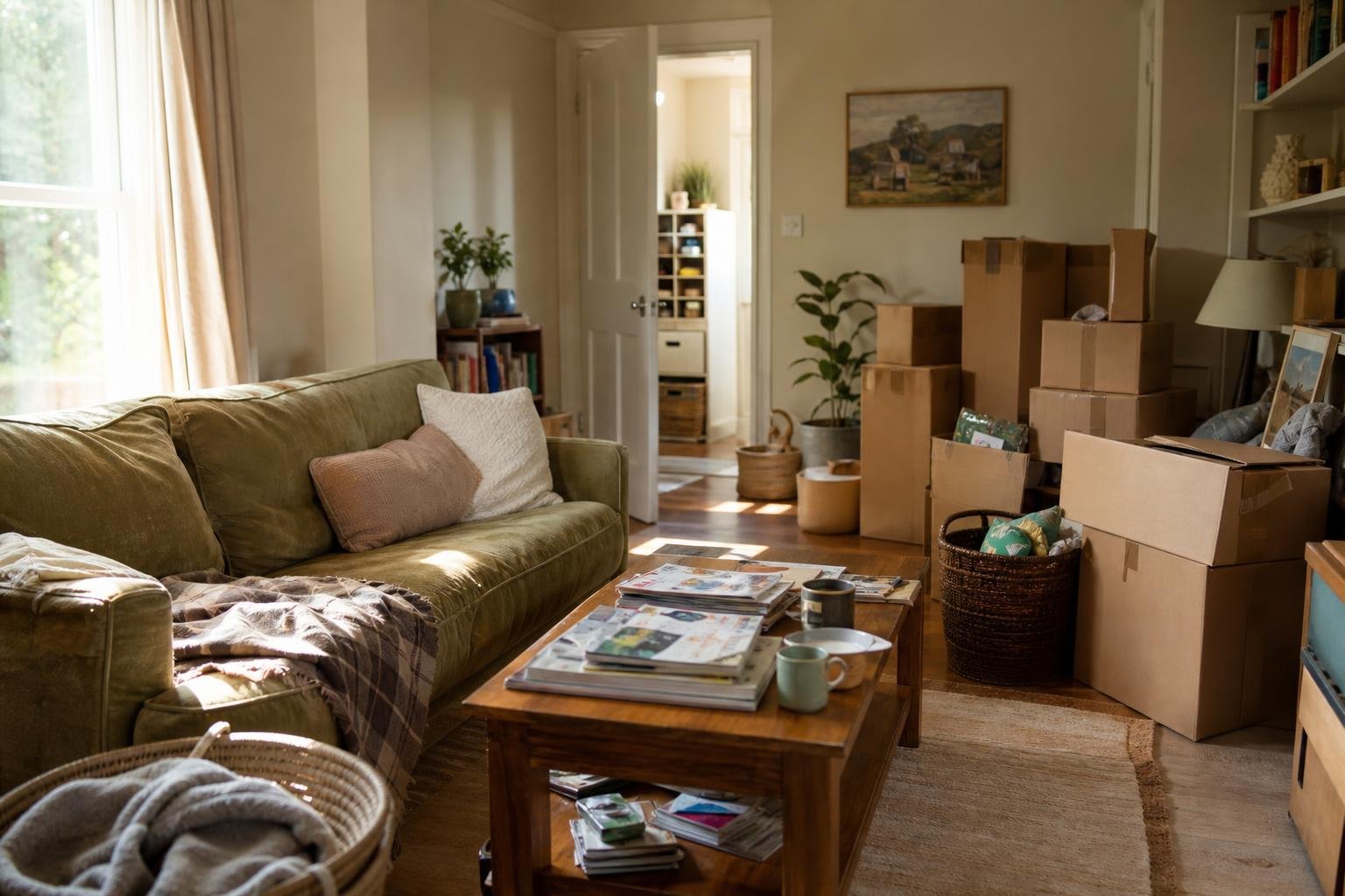 A living room with a sofa, coffee table, and stacked boxes, showing a typical setup before a house clearance.