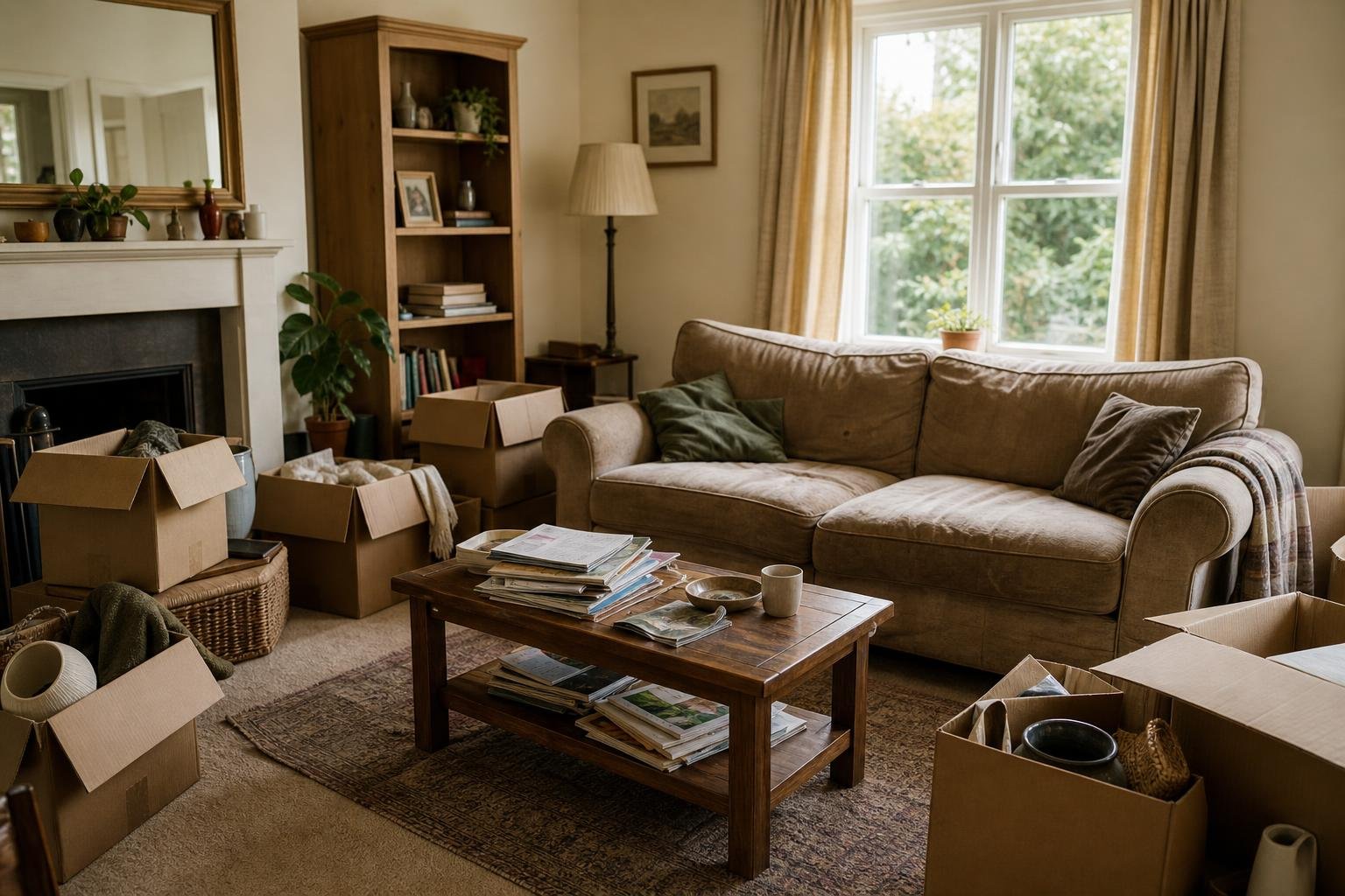 A cluttered living room with a worn sofa, cardboard boxes, and everyday household items awaiting clearance, bathed in natural light.