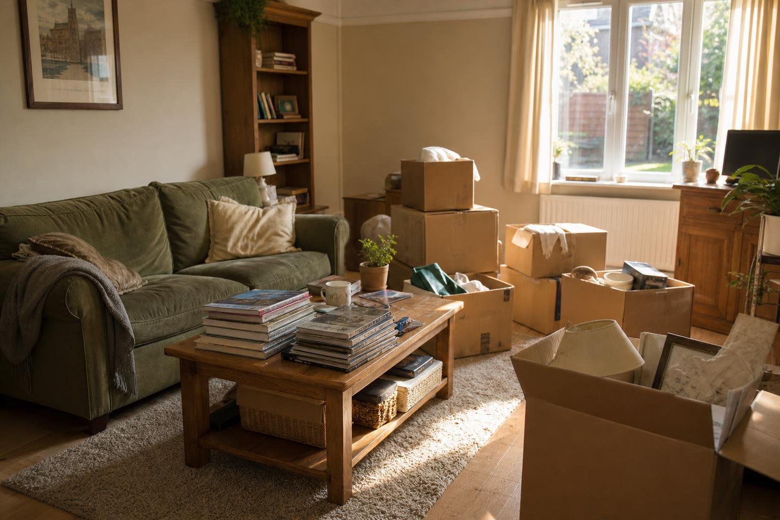A cluttered living room showing a worn sofa, wooden coffee table with books, and cardboard boxes indicating a house clearance.
